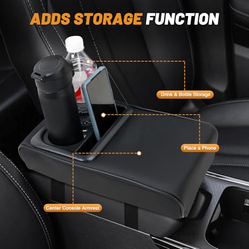 Tongze Car Center Console Armrest with Cup Holder & Phone Holder, Leather Arm Pillow Cushion Universally Works on Consoles Open Upward - Image 4