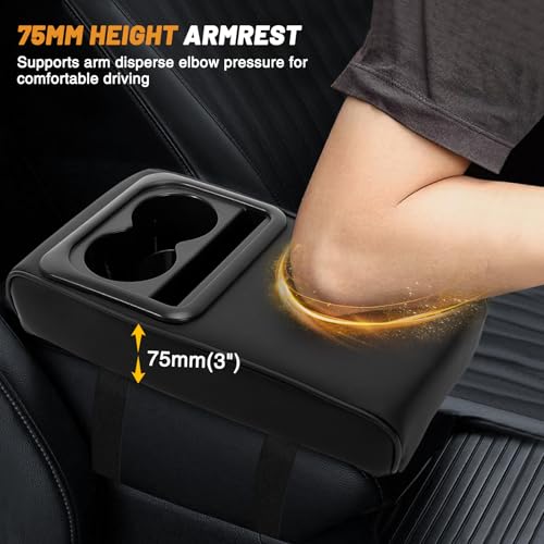 Tongze Car Center Console Armrest with Cup Holder & Phone Holder, Leather Arm Pillow Cushion Universally Works on Consoles Open Upward - Image 3