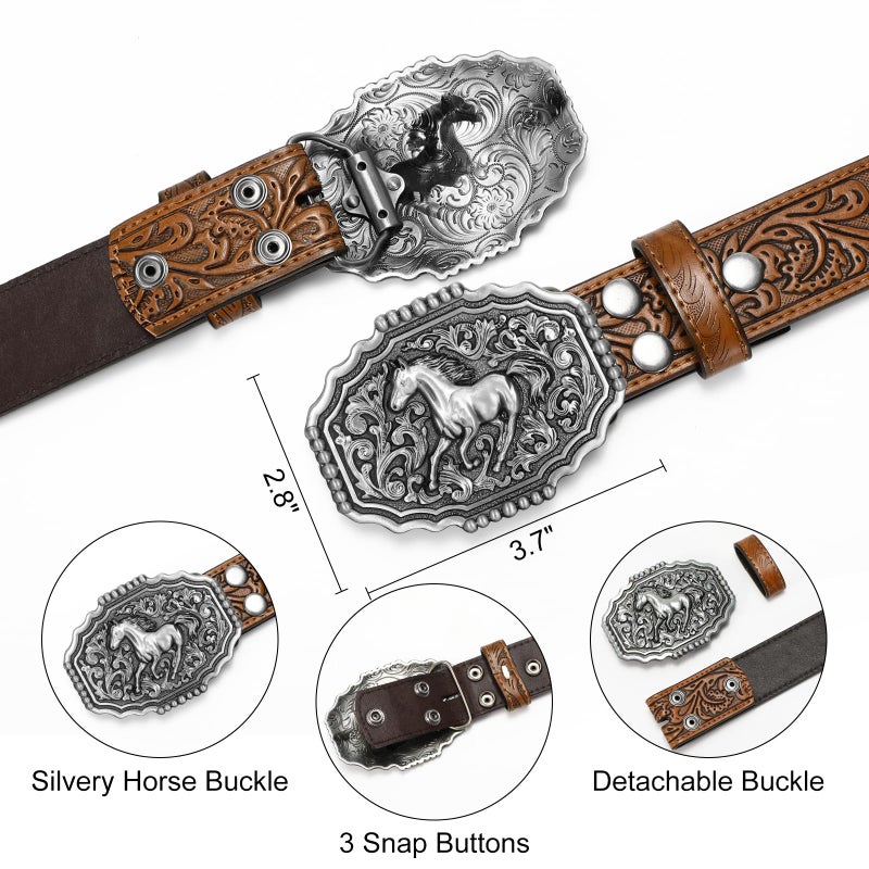 LALATCH Cowboy Western Belts for Men Woman, Cowboy Cowgirl Belt Embossed Western Country Buckle Leather Belts for Jeans, Slivery Horse/Brown Belt - Image 5