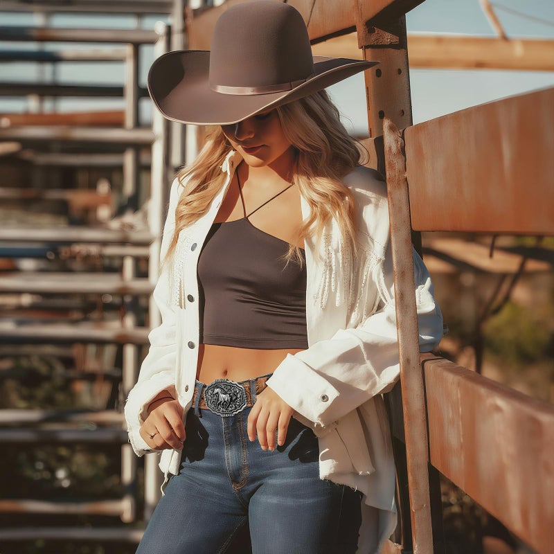 LALATCH Cowboy Western Belts for Men Woman, Cowboy Cowgirl Belt Embossed Western Country Buckle Leather Belts for Jeans, Slivery Horse/Brown Belt - Image 2