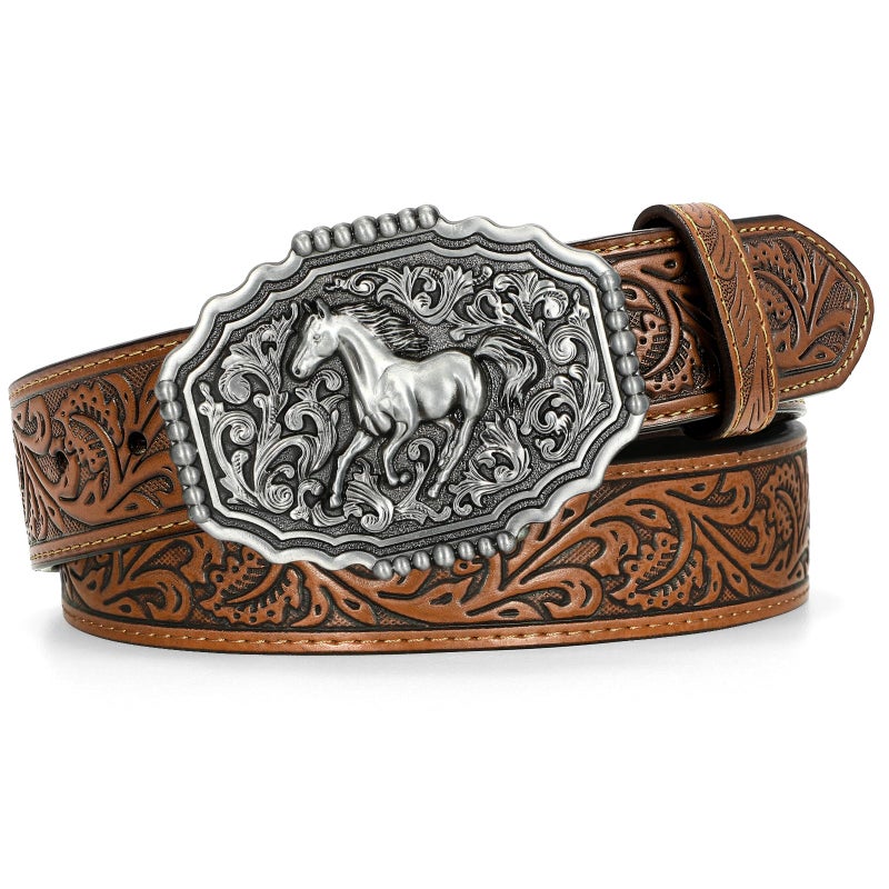 LALATCH Cowboy Western Belts for Men Woman, Cowboy Cowgirl Belt Embossed Western Country Buckle Leather Belts for Jeans, Slivery Horse/Brown Belt - Image 1