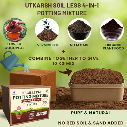 Utkarsh 4-in-1 Soil Less Potting Mixture- Makes 10Kg Fluffy Soil for Plants Home Garden | 3.65Kg Dry Items- Cocopeat, Exfoliated Vermiculite, Neem Khad, Organic Plant Food, Potting Soil Mix for Plants - Image 2