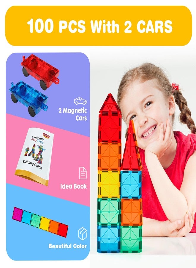 Gemmicc 100 PCS Magnetic Tiles with 2 Cars, STEM Approved Educational Magnet BuildingToys, Magnet Puzzles Stacking Blocks for Boys Girls - Image 2
