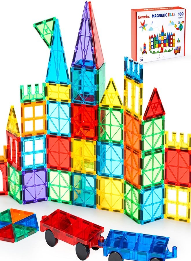 Gemmicc 100 PCS Magnetic Tiles with 2 Cars, STEM Approved Educational Magnet BuildingToys, Magnet Puzzles Stacking Blocks for Boys Girls - Image 1