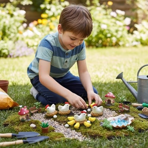 Krisah Pack of 14 pcs Miniature Decoration Animals Items Hen Family Resin Garden/Dollhouse/Fairy Garden, Multicolor, Animal - Image 4