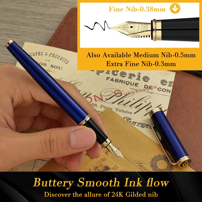 BEILUNER Blue Fountain Pen,Stunning Luxury Pens with 24K Gold Finish, Gorgeous 24K Gilded Nib(Fine), Trustworthy Pen Gift for Men&Women -Ink Converter-Elegant, Graduation,Nice Pen for Writing - Image 4