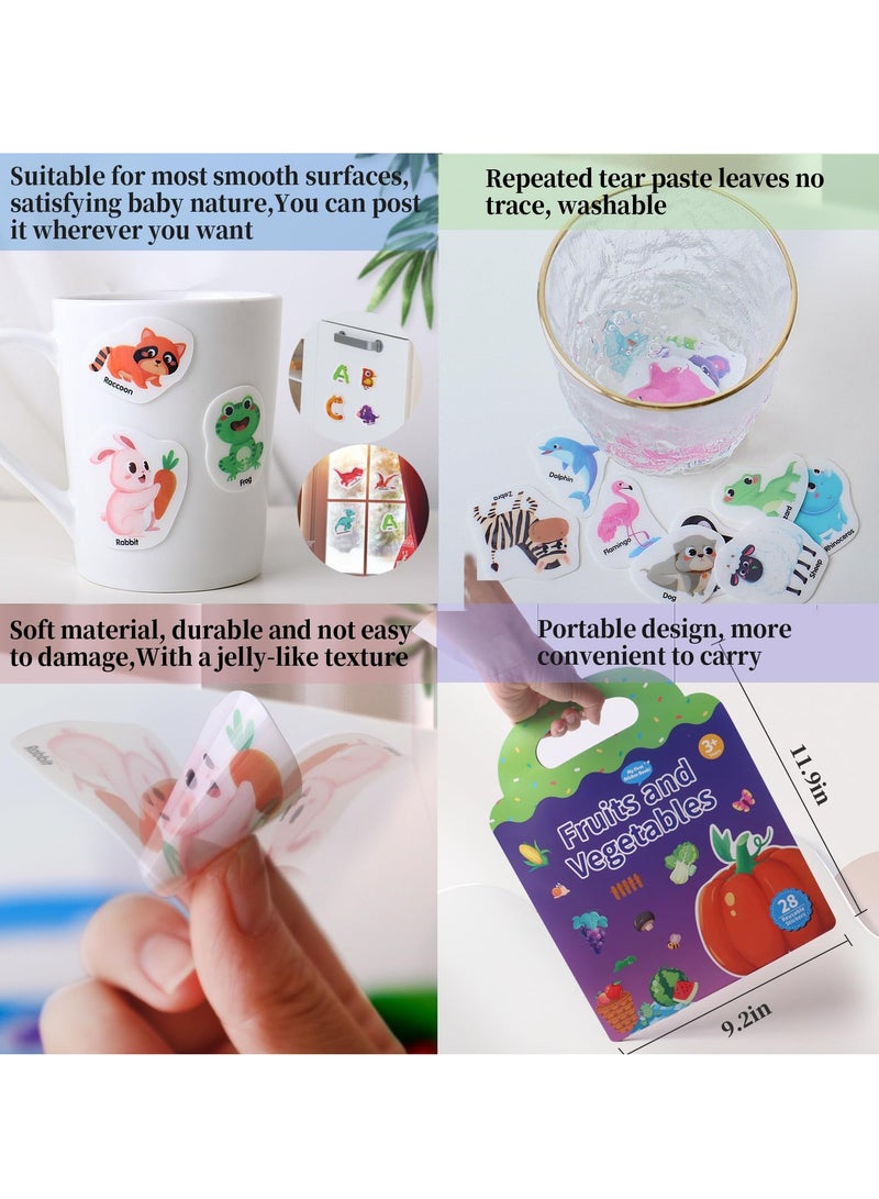 SYOSI Jelly Stickers Book for Kids 2-4, Reusable Stickers, 4 Scenes Animals, Dinosaurs, Letters, Vegetables and Fruits, Restickable Sticker Book for Kids - Image 5