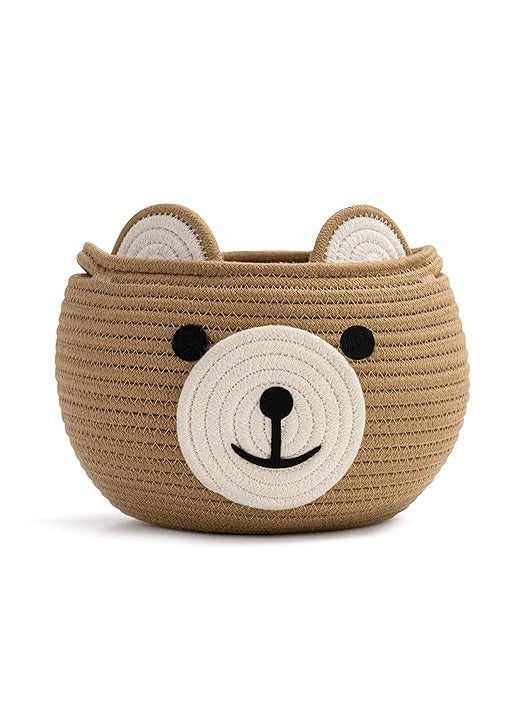 Generic - Bucket Basket Cute Bear Round Basket - Cotton Rope Baskets in Living Room Woven Baby Shower Basket Bedroom Storage Bakset for Children Corner Plant Basket Indoor, Grey, 10.5"D x 8.5"H (Beige) - Image 1