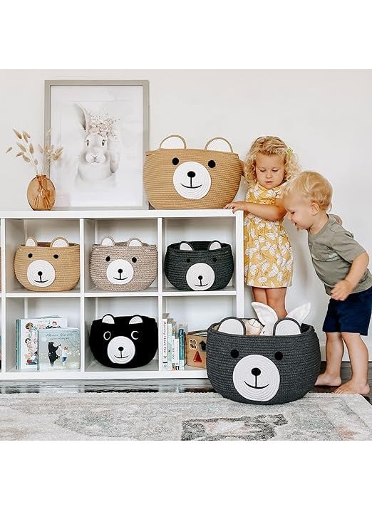 Generic - Bucket Basket Cute Bear Round Basket - Cotton Rope Baskets in Living Room Woven Baby Shower Basket Bedroom Storage Bakset for Children Corner Plant Basket Indoor, Grey, 10.5"D x 8.5"H (Beige) - Image 1