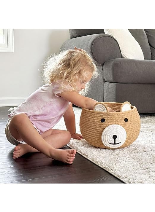 Generic - Bucket Basket Cute Bear Round Basket - Cotton Rope Baskets in Living Room Woven Baby Shower Basket Bedroom Storage Bakset for Children Corner Plant Basket Indoor, Grey, 10.5"D x 8.5"H (Beige) - Image 1