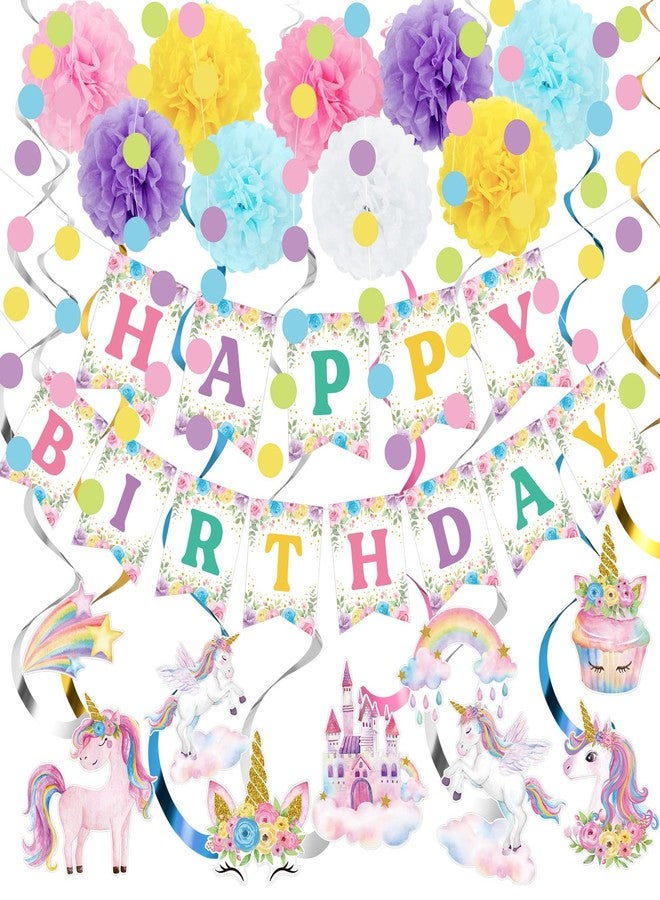 Marspark Unicorn Birthday Decorations Included Happy Birthday Banner Hanging Swirls Macaron Circle Dots Garland Pastel Tissue Paper Pom Poms for Rainbow Unicorn Party Themed Supplies - Image 1
