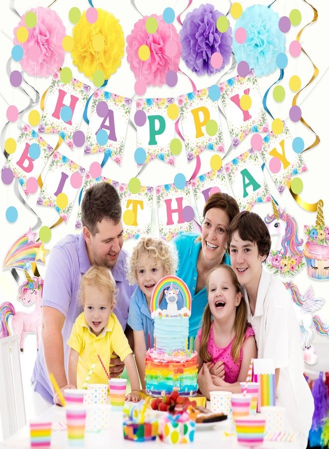 Marspark Unicorn Birthday Decorations Included Happy Birthday Banner Hanging Swirls Macaron Circle Dots Garland Pastel Tissue Paper Pom Poms for Rainbow Unicorn Party Themed Supplies - Image 2