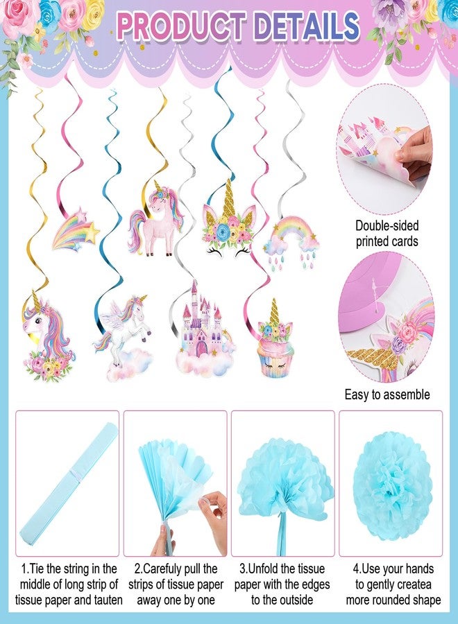 Marspark Unicorn Birthday Decorations Included Happy Birthday Banner Hanging Swirls Macaron Circle Dots Garland Pastel Tissue Paper Pom Poms for Rainbow Unicorn Party Themed Supplies - Image 4