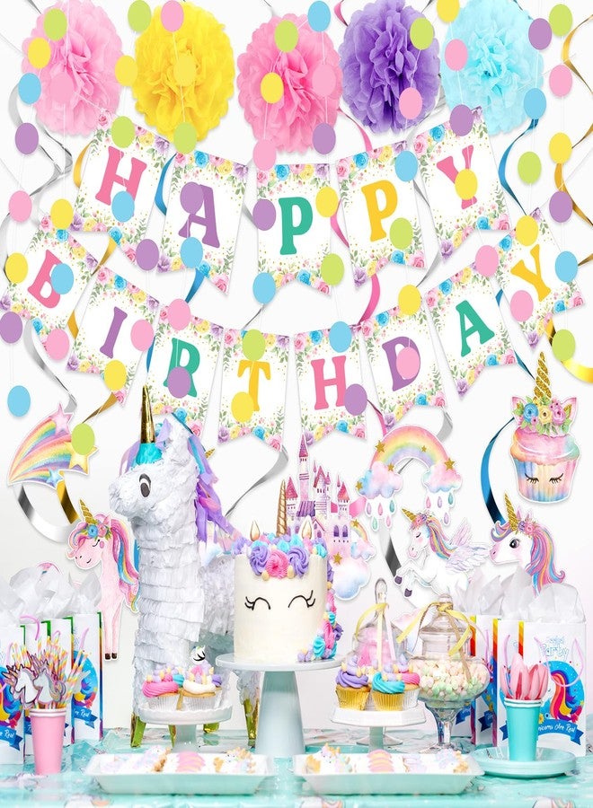 Marspark Unicorn Birthday Decorations Included Happy Birthday Banner Hanging Swirls Macaron Circle Dots Garland Pastel Tissue Paper Pom Poms for Rainbow Unicorn Party Themed Supplies - Image 5
