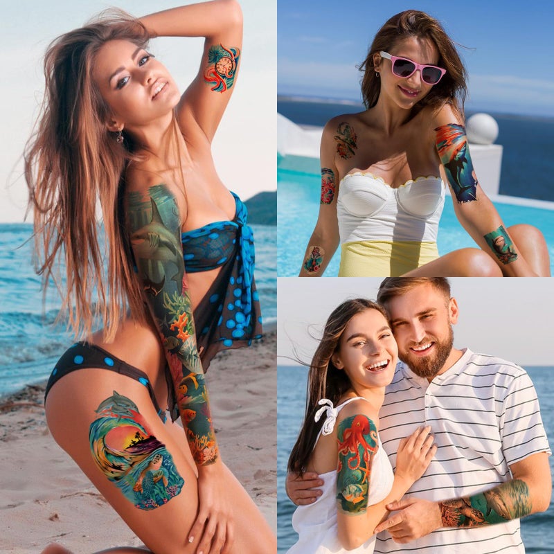 atydkug 46 Temporary Tattoo for Men Women, 8 Full Arm Shark Dolphin Fake Tattoos, 8 Half Arm Ocean Fish Fake Tattoos, 30 Tiny for Adults Kids Body Tattoos Stickers Waterproof Realistic - Image 5