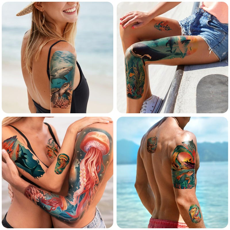 atydkug 46 Temporary Tattoo for Men Women, 8 Full Arm Shark Dolphin Fake Tattoos, 8 Half Arm Ocean Fish Fake Tattoos, 30 Tiny for Adults Kids Body Tattoos Stickers Waterproof Realistic - Image 4