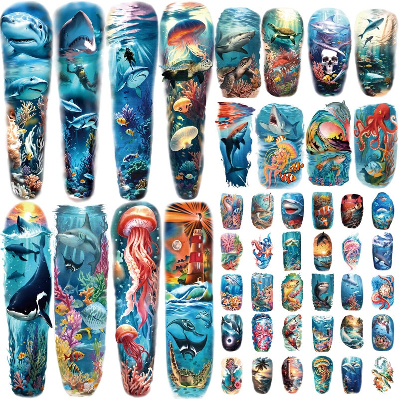 atydkug 46 Temporary Tattoo for Men Women, 8 Full Arm Shark Dolphin Fake Tattoos, 8 Half Arm Ocean Fish Fake Tattoos, 30 Tiny for Adults Kids Body Tattoos Stickers Waterproof Realistic - Image 1