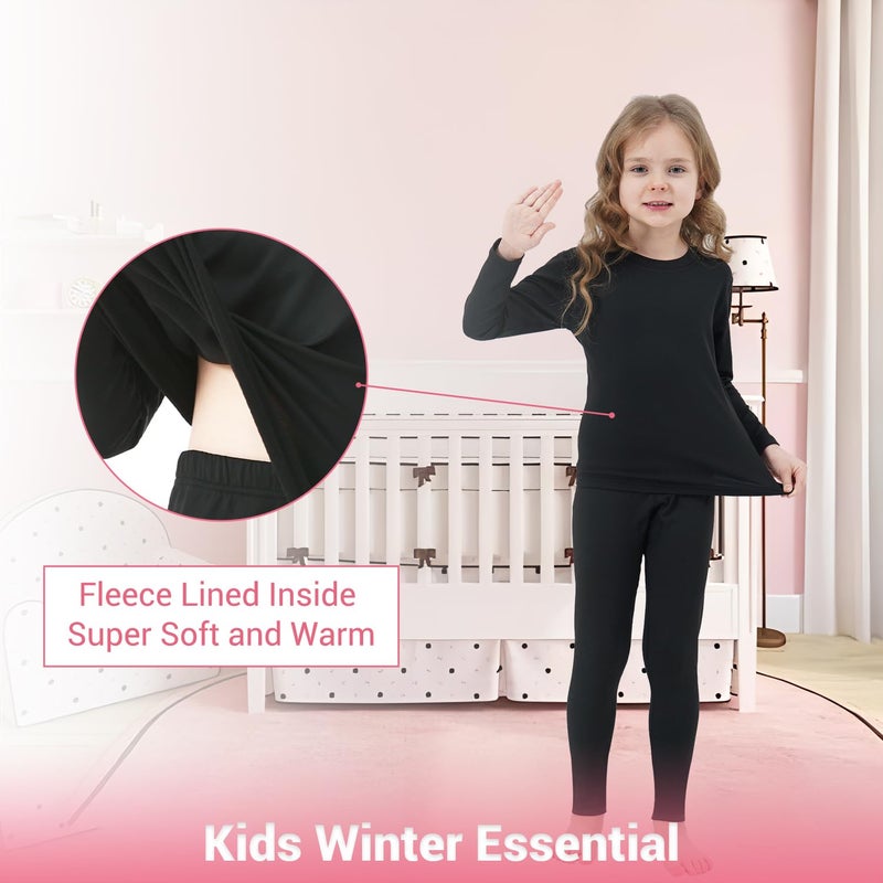 PISIQI Girls Thermal Underwear Set Ultra Soft Long Underwear for Kids Fleece Lined Winter Warm Base Layer Kids Long Johns Set Black, Size XL - Image 2
