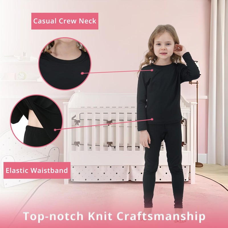 PISIQI Girls Thermal Underwear Set Ultra Soft Long Underwear for Kids Fleece Lined Winter Warm Base Layer Kids Long Johns Set Black, Size XL - Image 3