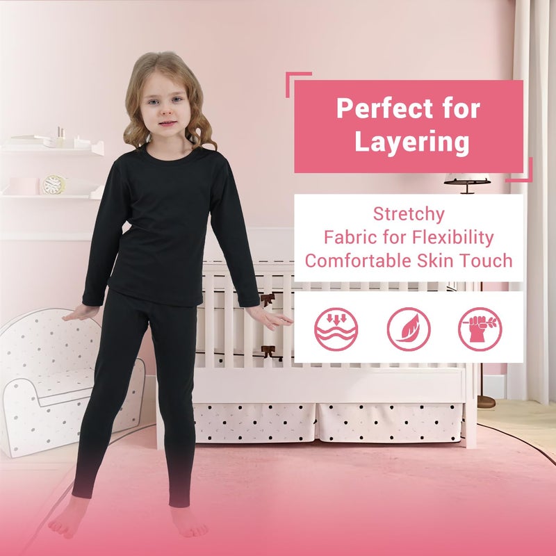 PISIQI Girls Thermal Underwear Set Ultra Soft Long Underwear for Kids Fleece Lined Winter Warm Base Layer Kids Long Johns Set Black, Size XL - Image 4