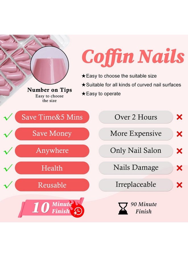 لاك فورايفر 240 قطعة من أظافر Coffin Press On Nails أظافر صناعية متوسطة الحجم باللون الوردي، أظافر لاصقة قصيرة على شكل نعش، أظافر أكريليك صناعية، أظافر صناعية كاملة التغطية مع علامات تبويب لاصقة  - Image 3