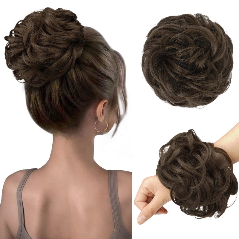 FESHFEN Messy Bun Hair Pieces Large Wavy Curly Elastic Hair Bun Scrunchies Ponytail Extensions Synthetic Chignon Hairpieces for Women Golden Brown 194oz