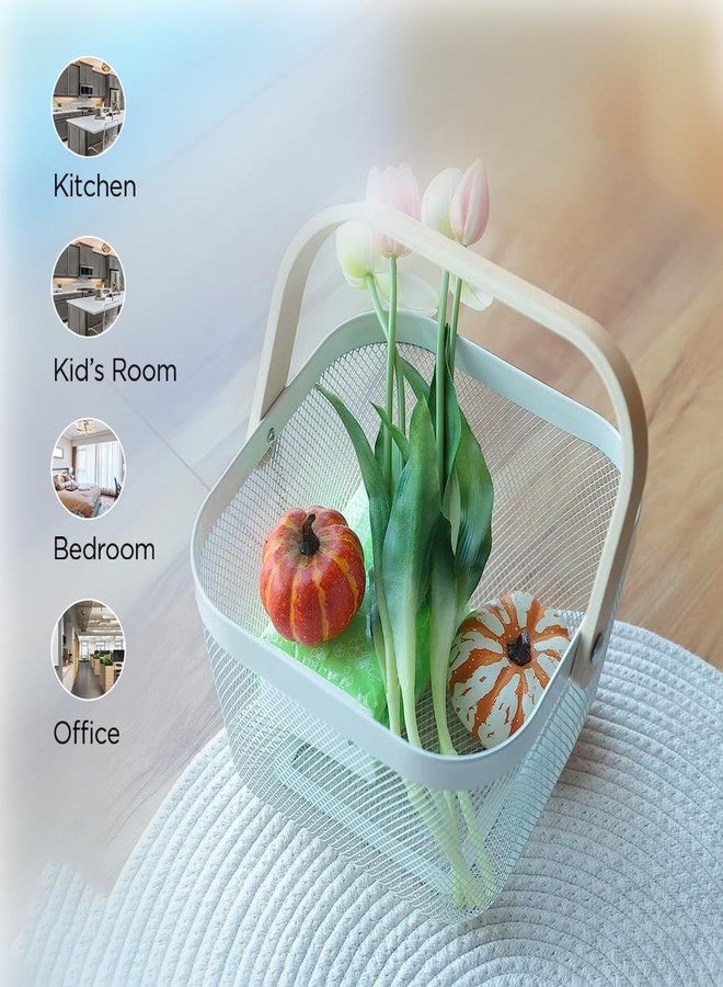 StacPro Modern Mesh Storage Basket with Wooden Handle | White Plastic Organizer for Fruits, Vegetables, Snacks | Multipurpose Kitchen, Pantry & Home Storage Container (26 * 25 cm) (1, Square) - Image 3