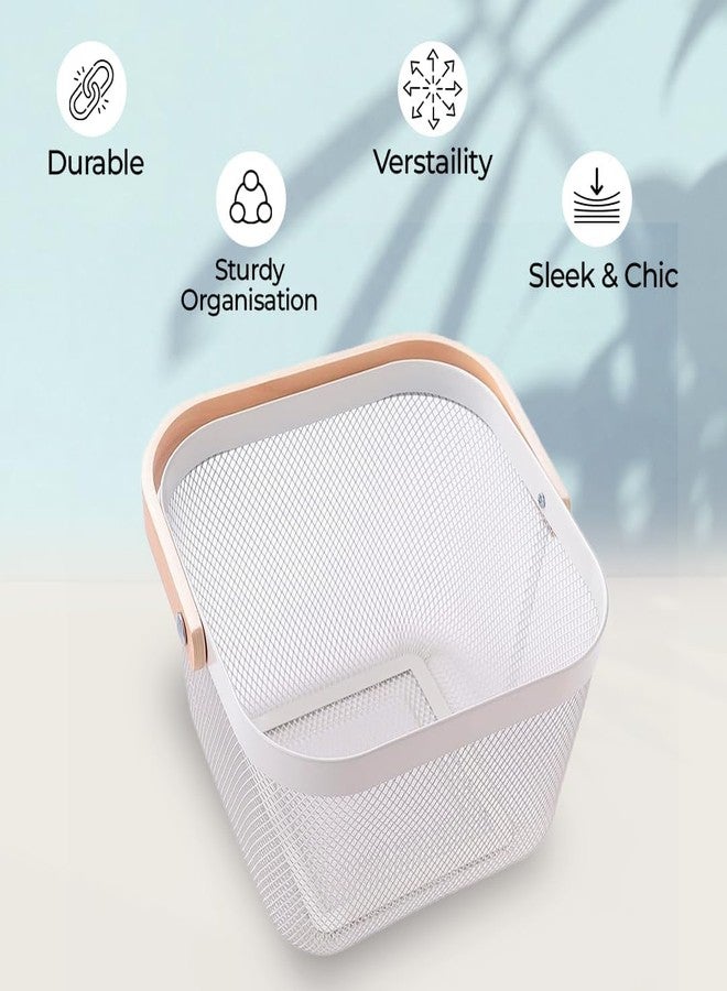 StacPro Modern Mesh Storage Basket with Wooden Handle | White Plastic Organizer for Fruits, Vegetables, Snacks | Multipurpose Kitchen, Pantry & Home Storage Container (26 * 25 cm) (1, Square) - Image 4
