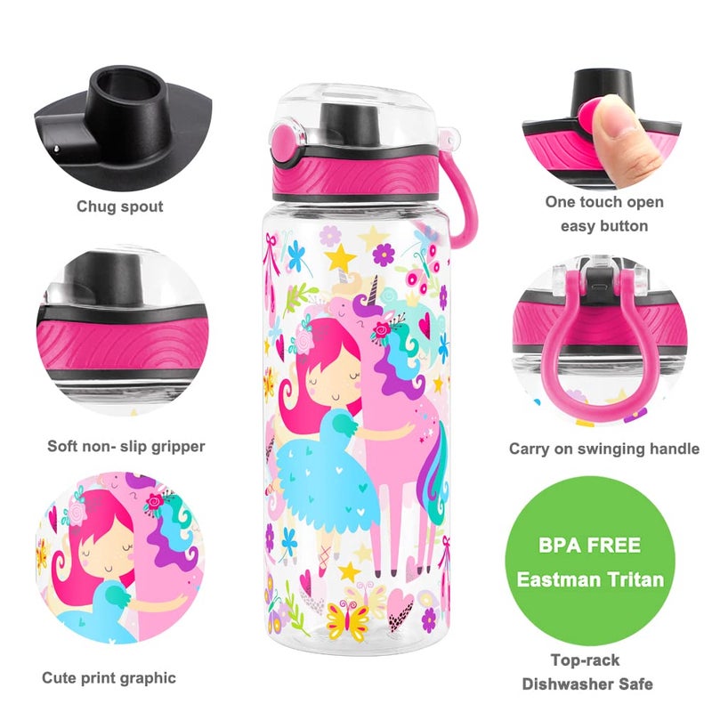Home Tune Cute Water Bottle for School Kids Girls  BPA FREE Tritan & Leak Proof & Easy Clean & Carry Handle  23oz/ 680ml - Girl & Unicorn - Image 2