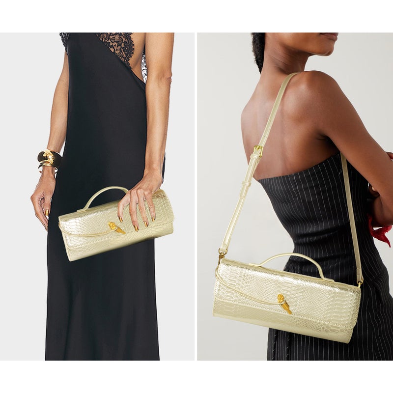 Joryin Golden Evening Bag for Women Evening Clutch Crocodile Purse Crossbody Bag Shoulder Bag Top Handle Handbag Formal Evening Purse, Light Gold - Image 2