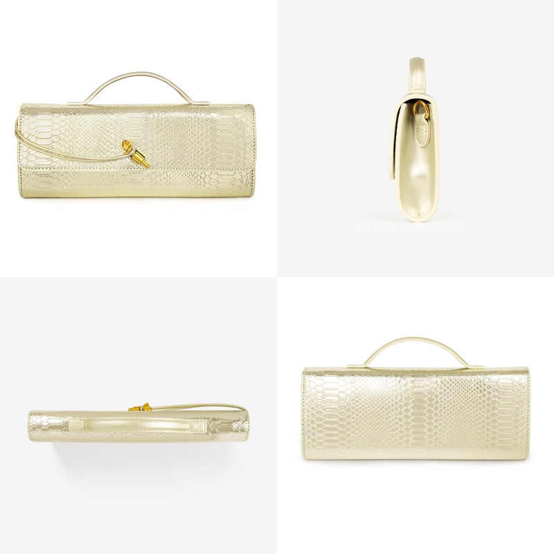 Joryin Golden Evening Bag for Women Evening Clutch Crocodile Purse Crossbody Bag Shoulder Bag Top Handle Handbag Formal Evening Purse, Light Gold - Image 3