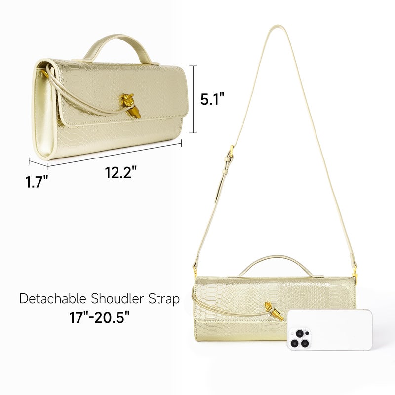 Joryin Golden Evening Bag for Women Evening Clutch Crocodile Purse Crossbody Bag Shoulder Bag Top Handle Handbag Formal Evening Purse, Light Gold - Image 4