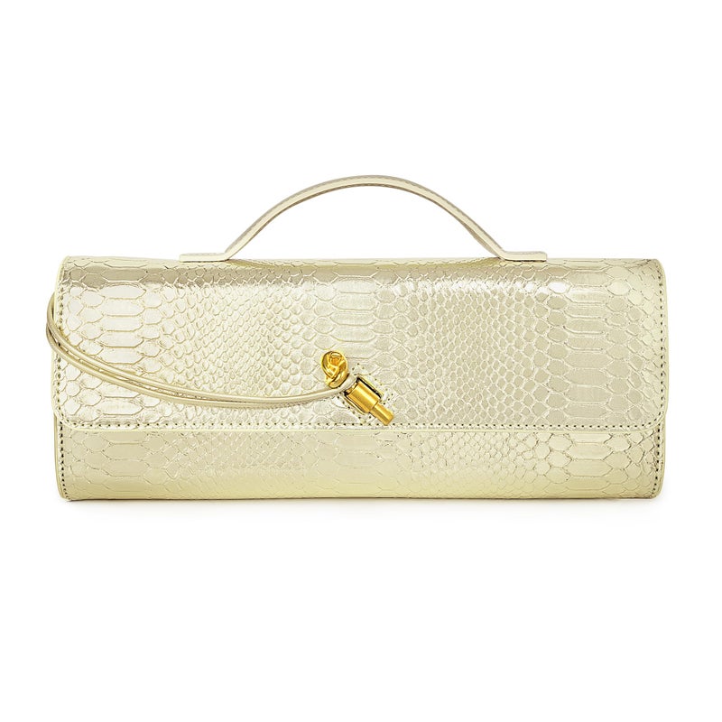 Joryin Golden Evening Bag for Women Evening Clutch Crocodile Purse Crossbody Bag Shoulder Bag Top Handle Handbag Formal Evening Purse, Light Gold - Image 1