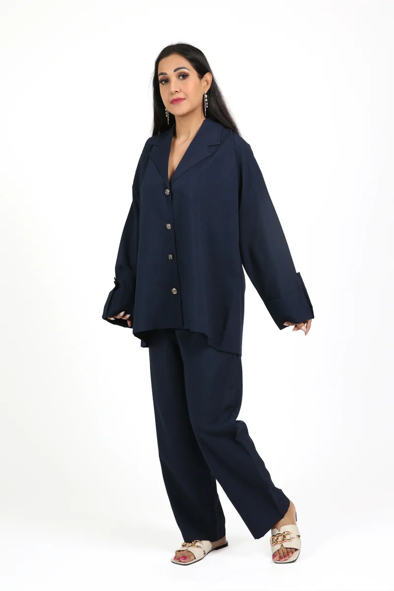 Navy blue Soft Fuhwa Fabric Co-ord Set with Coat Collar