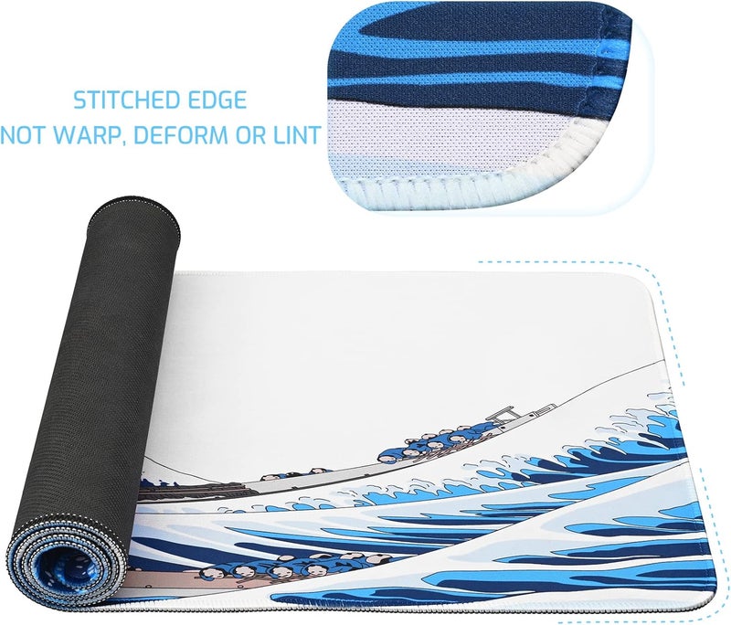 Tofun 31.4"x11.8"Extended Large Gaming Mouse Pad,XL Large Non-Slip Rubber Base Mousepad with Stitched Edges,Waterproof Keyboard Mouse Mat Desk Pad,Japanese Sea Wave, White and Blue Tones - Image 4