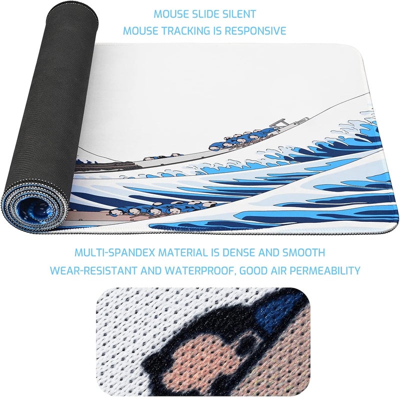 Tofun 31.4"x11.8"Extended Large Gaming Mouse Pad,XL Large Non-Slip Rubber Base Mousepad with Stitched Edges,Waterproof Keyboard Mouse Mat Desk Pad,Japanese Sea Wave, White and Blue Tones - Image 5