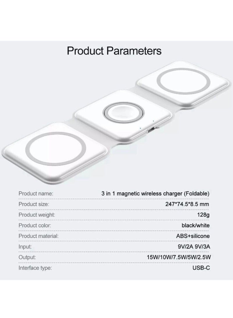 دوسالا شاحن هاتف لاسلكي مغناطيسي قابل للطي 3 في 1 شحن سريع 15 واط QI شاحن لاسلكي 3 في 1 باللون الأبيض - Image 4