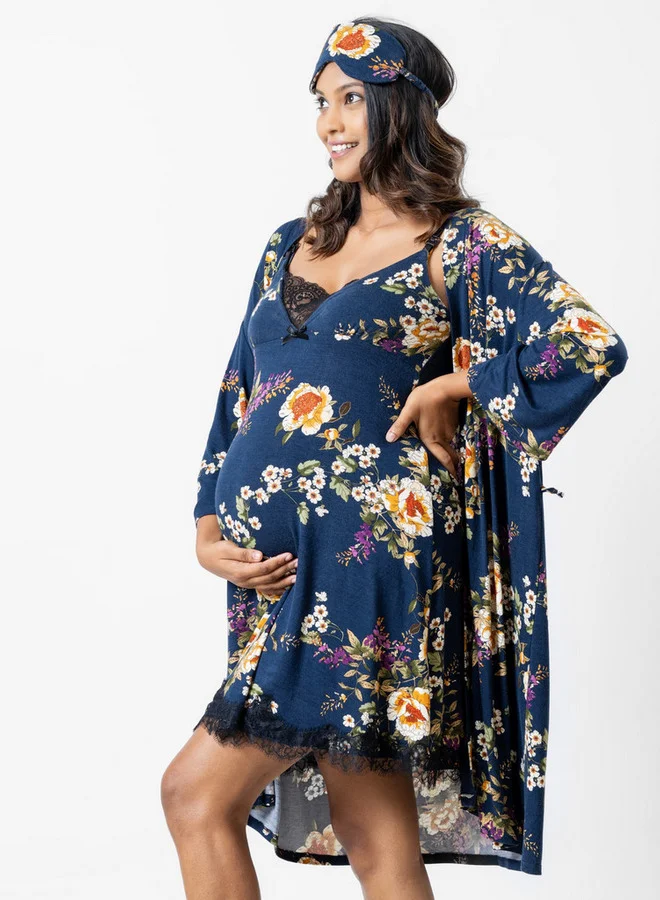 Aadaraya Aadaraya All-Over Floral Print Maternity Chemise with Robe and Eye Mask