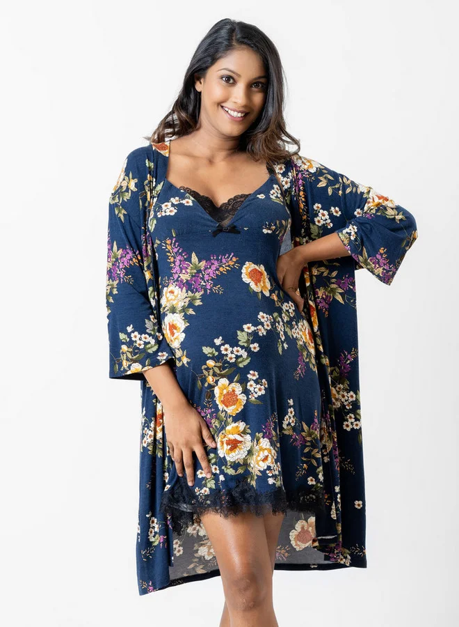 Aadaraya Aadaraya All-Over Floral Print Maternity Chemise with Robe and Eye Mask