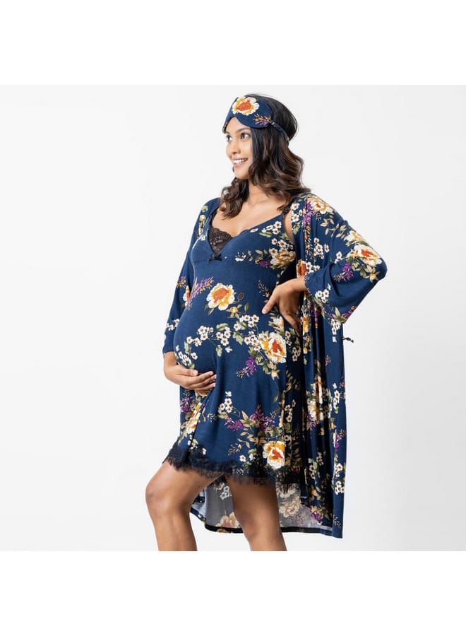 Aadaraya Aadaraya All-Over Floral Print Maternity Chemise with Robe and Eye Mask - Image 1