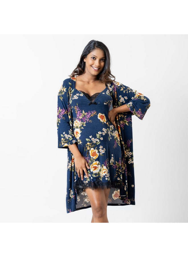 Aadaraya Aadaraya All-Over Floral Print Maternity Chemise with Robe and Eye Mask - Image 2