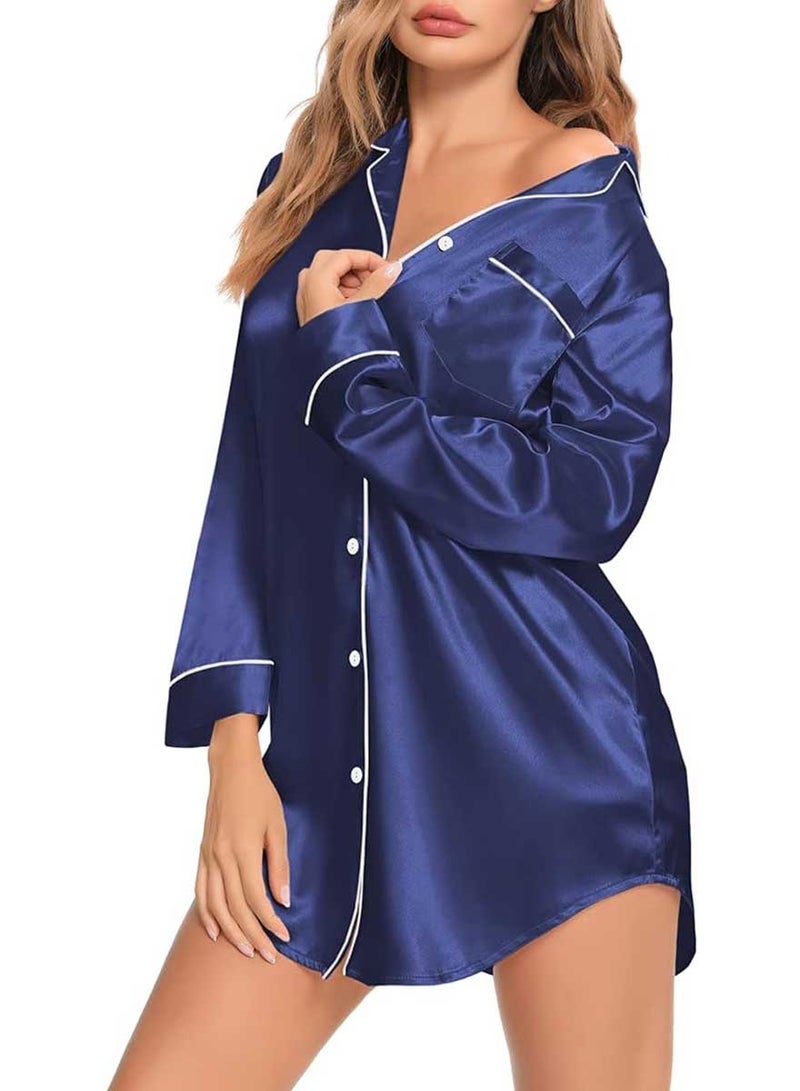 Caprisious Women's Satin Long Sleeve Sleep Shirt: Elegant Silk Nightshirt with Button Down Design, Perfect Pajama Top - Image 1