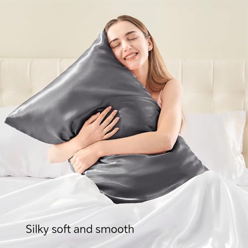 GO WELL solid Satin Silk Pillow Covers Pack of 2 for Hair and Skin-with Satin Scrunchies for Women|Satin Pillow coer for Hair and Skin |scrunchies for Women 3-Piece|Silk Pillow case (Grey) 600 TC - Image 3