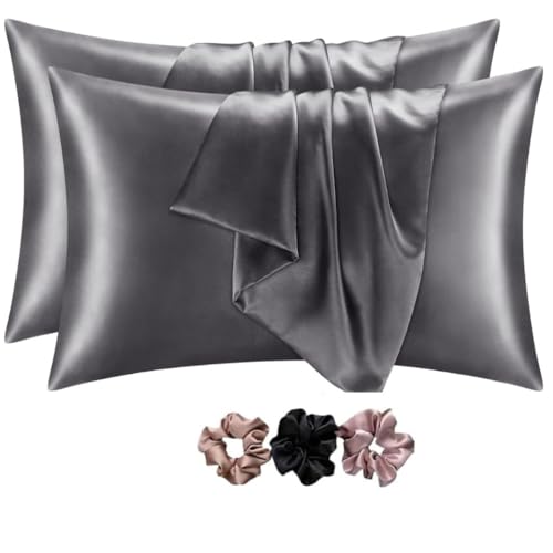 GO WELL solid Satin Silk Pillow Covers Pack of 2 for Hair and Skin-with Satin Scrunchies for Women|Satin Pillow coer for Hair and Skin |scrunchies for Women 3-Piece|Silk Pillow case (Grey) 600 TC - Image 1