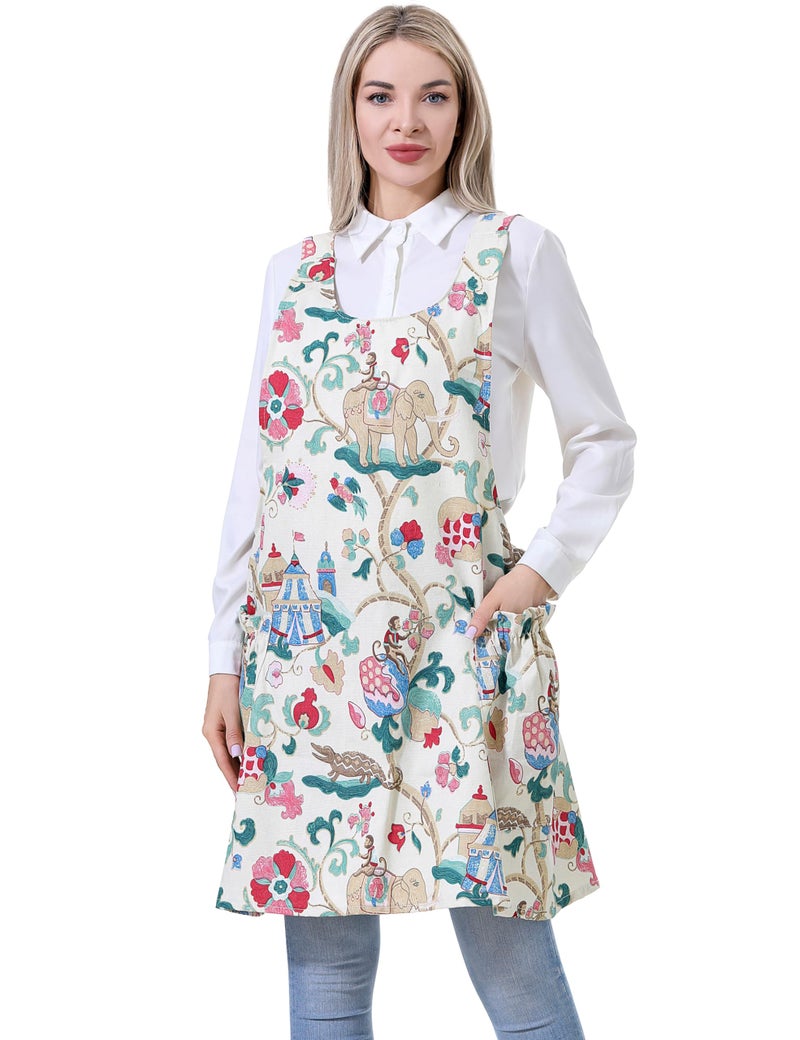 APRONNER Cozy Adjustable Cross Back Aprons for Women with Pockets Cotton Linen Cooking Kitchen Baking Sacred Flowers - Image 1