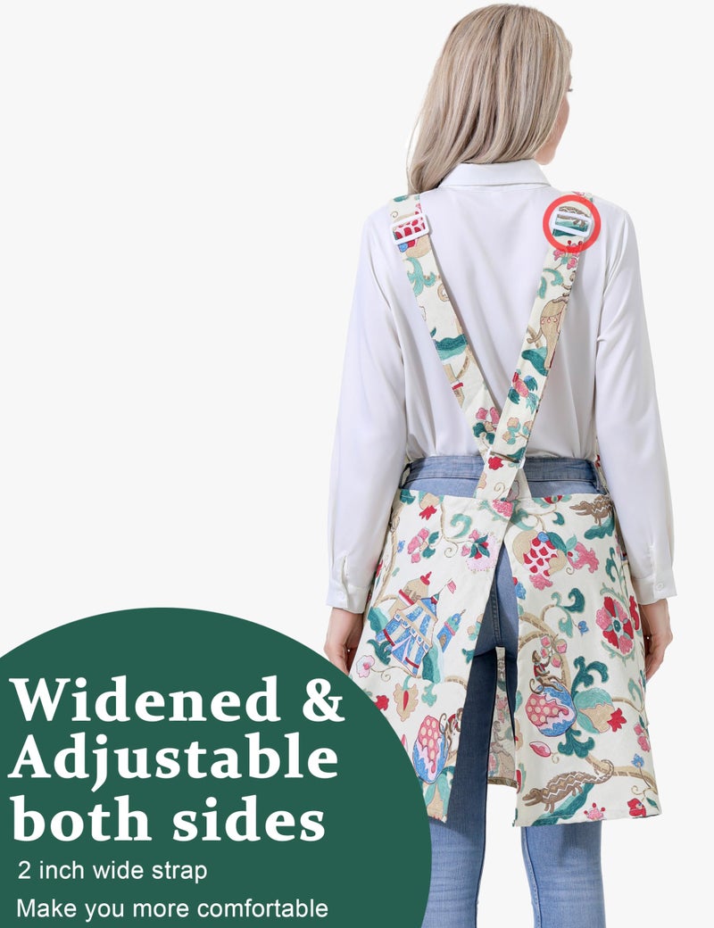 APRONNER Cozy Adjustable Cross Back Aprons for Women with Pockets Cotton Linen Cooking Kitchen Baking Sacred Flowers - Image 3