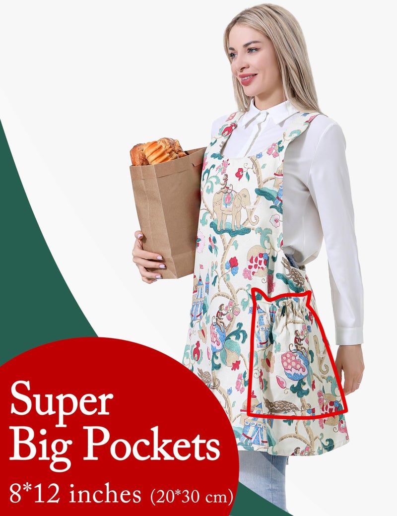 APRONNER Cozy Adjustable Cross Back Aprons for Women with Pockets Cotton Linen Cooking Kitchen Baking Sacred Flowers - Image 2