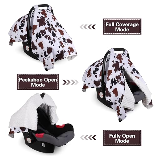 Rquite Car Seat Cover Baby Carseat Covers Baby Boy Minky Infant Car Seat Cover Winter Peekaboo Opening Car Seat Canopy Multiuse Baby Carrier Stroller Nursing Cover Minky Blanket Cow Print - Image 3