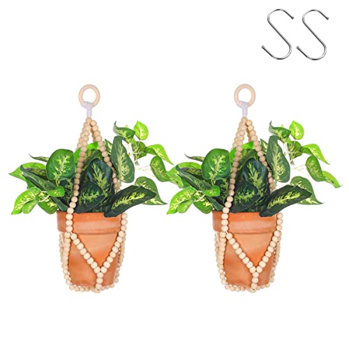 Artilady 2 Pack Beaded Plant Hanger Indoor Macrame Hanging Planters for Plants Holder No Tassels with Wooden Beads Boho Farmhouse Rustic Home Decor Wood Color Bead2pcs - Image 1