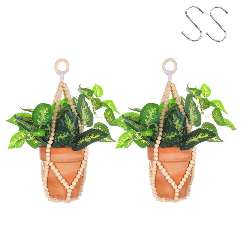 Artilady 2 Pack Beaded Plant Hanger Indoor Macrame Hanging Planters for Plants Holder No Tassels with Wooden Beads Boho Farmhouse Rustic Home Decor Wood Color Bead2pcs - Image 2